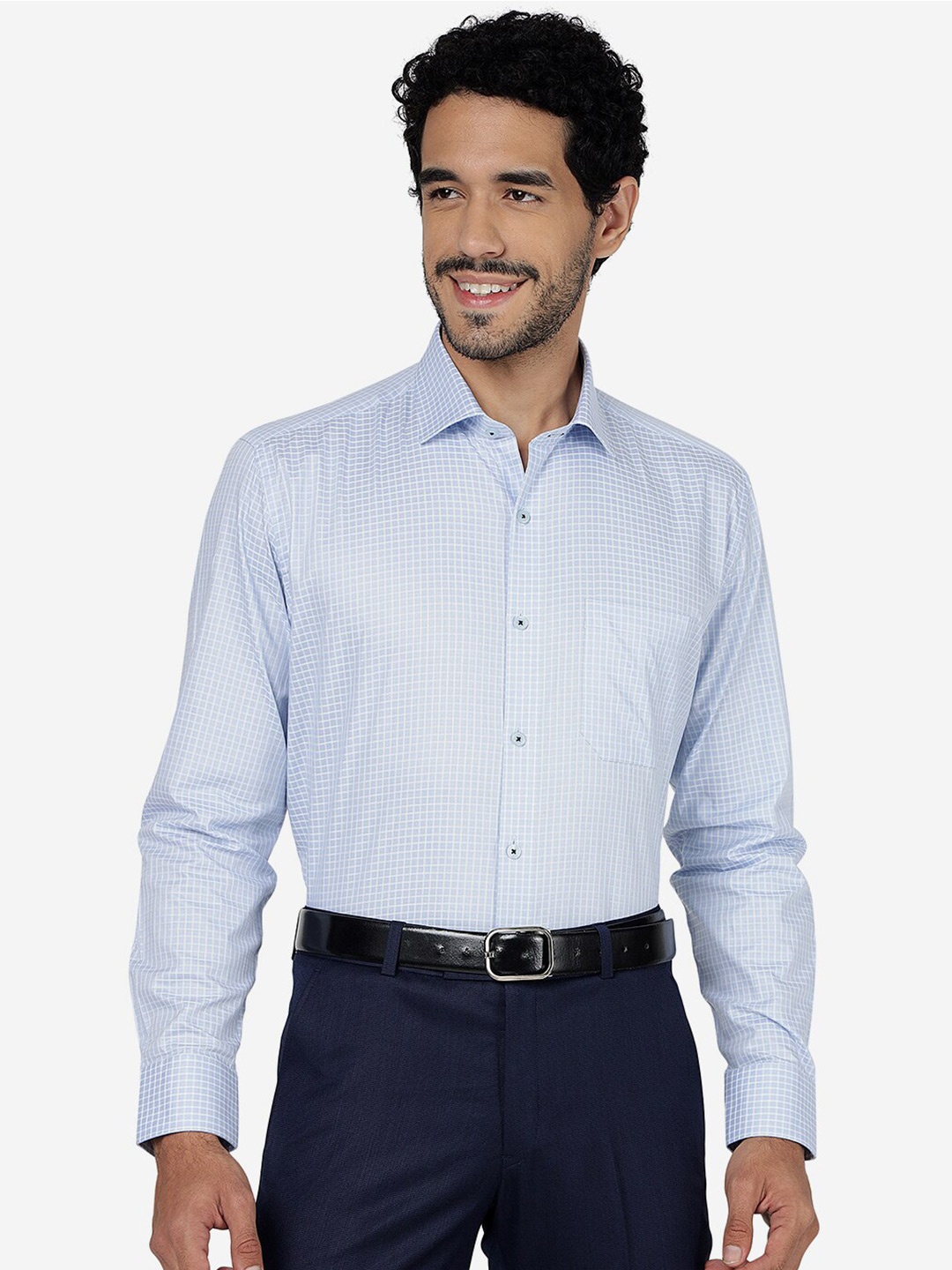 

JADE BLUE Spread Collar Checked Casual Pure Cotton Shirt