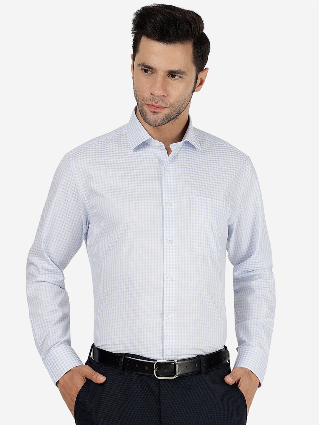 

JADE BLUE Spread Collar Checked Casual Pure Cotton Shirt
