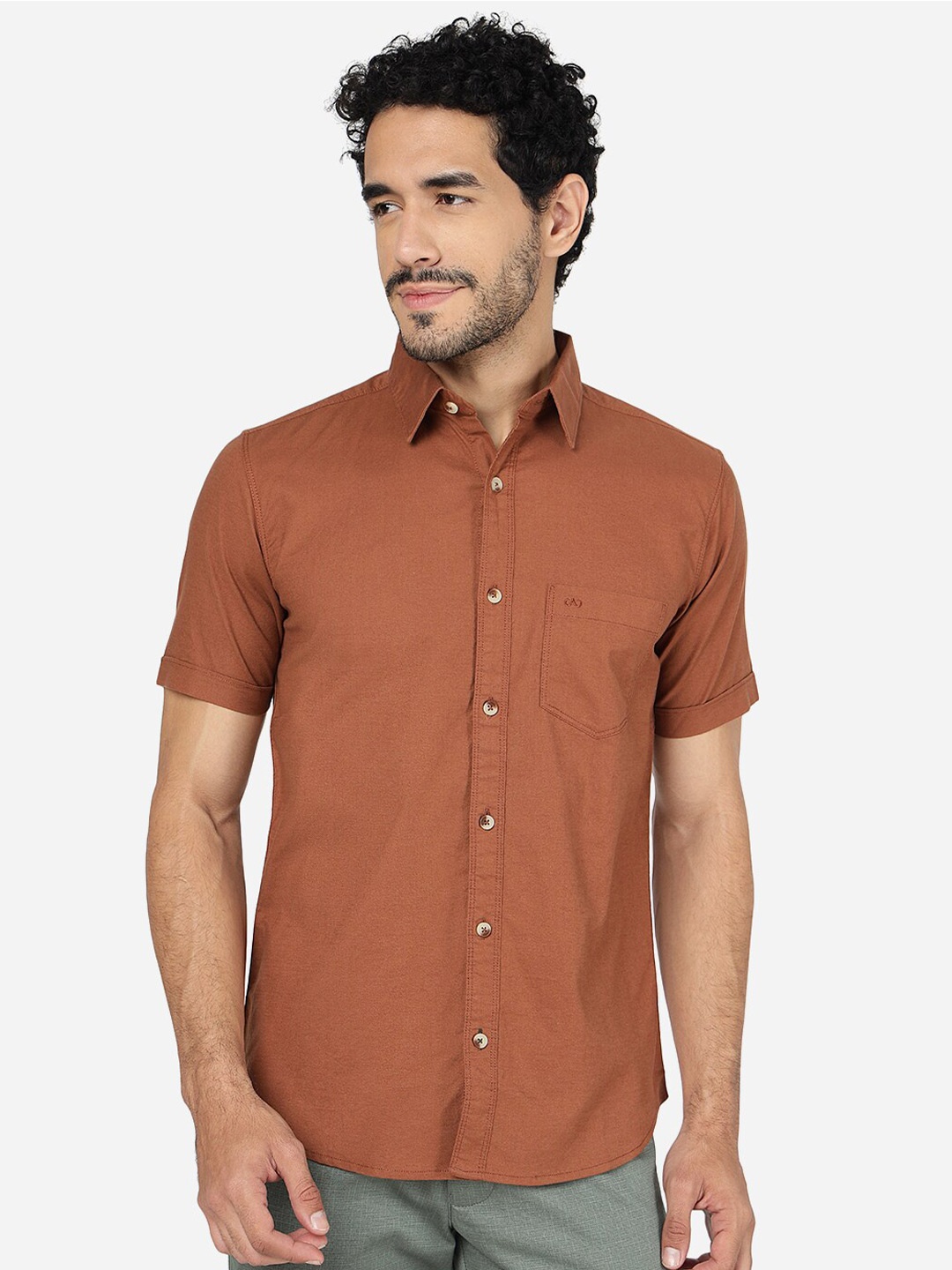 

JADE BLUE Spread Collar Slim Fit Casual Pure Cotton Shirt, Brown