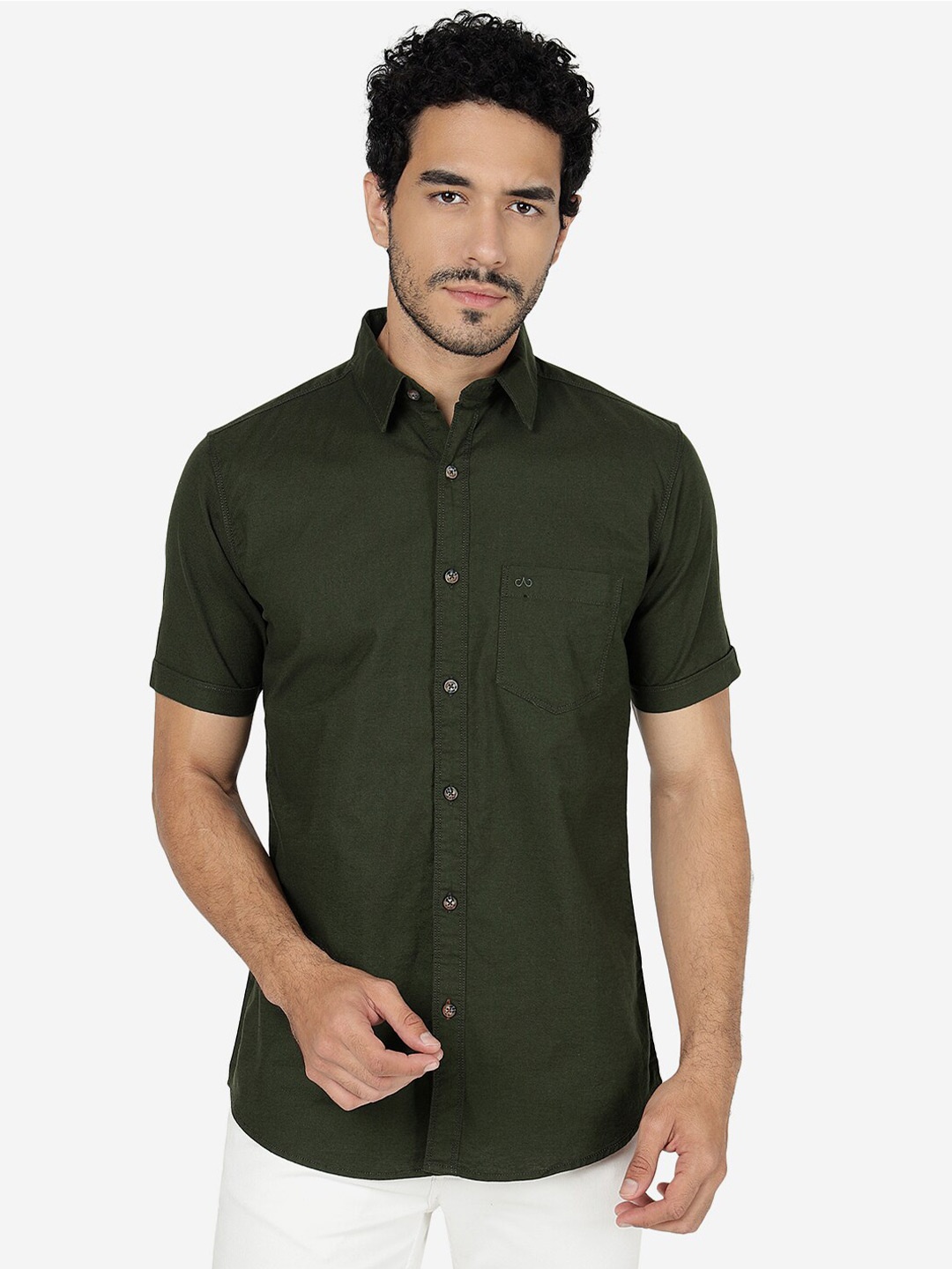 

JADE BLUE Spread Collar Slim Fit Casual Pure Cotton Shirt, Green