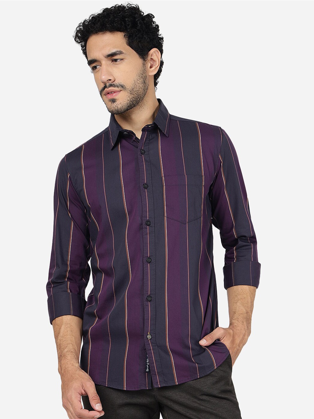 

JADE BLUE Slim Fit Vertical Striped Knitted Casual Pure Cotton Shirt, Purple