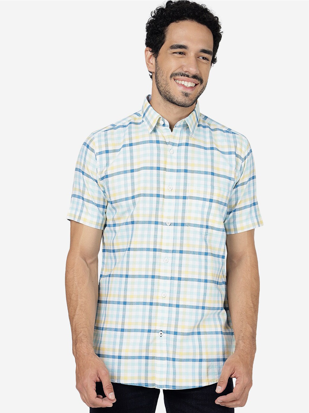 

JADE BLUE Spread Collar Slim Fit Checked Casual Pure Cotton Shirt