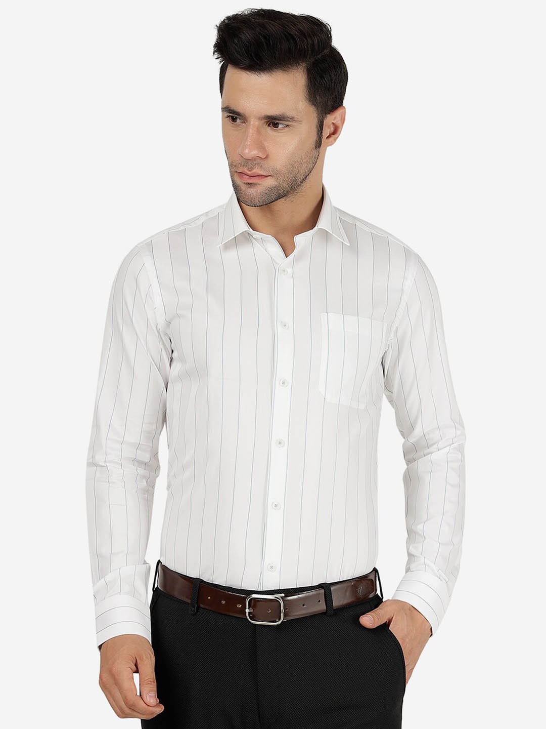 

JADE BLUE Slim Fit Opaque Striped Casual Pure Cotton Shirt, White