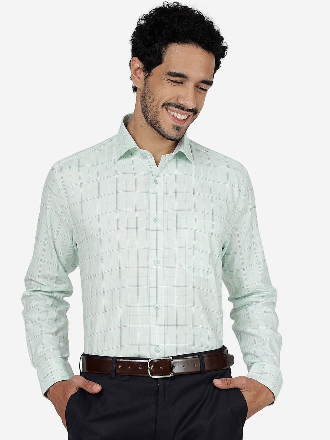 

JADE BLUE Regular Fit Windowpane Checked Knitted Casual Pure Cotton Shirt