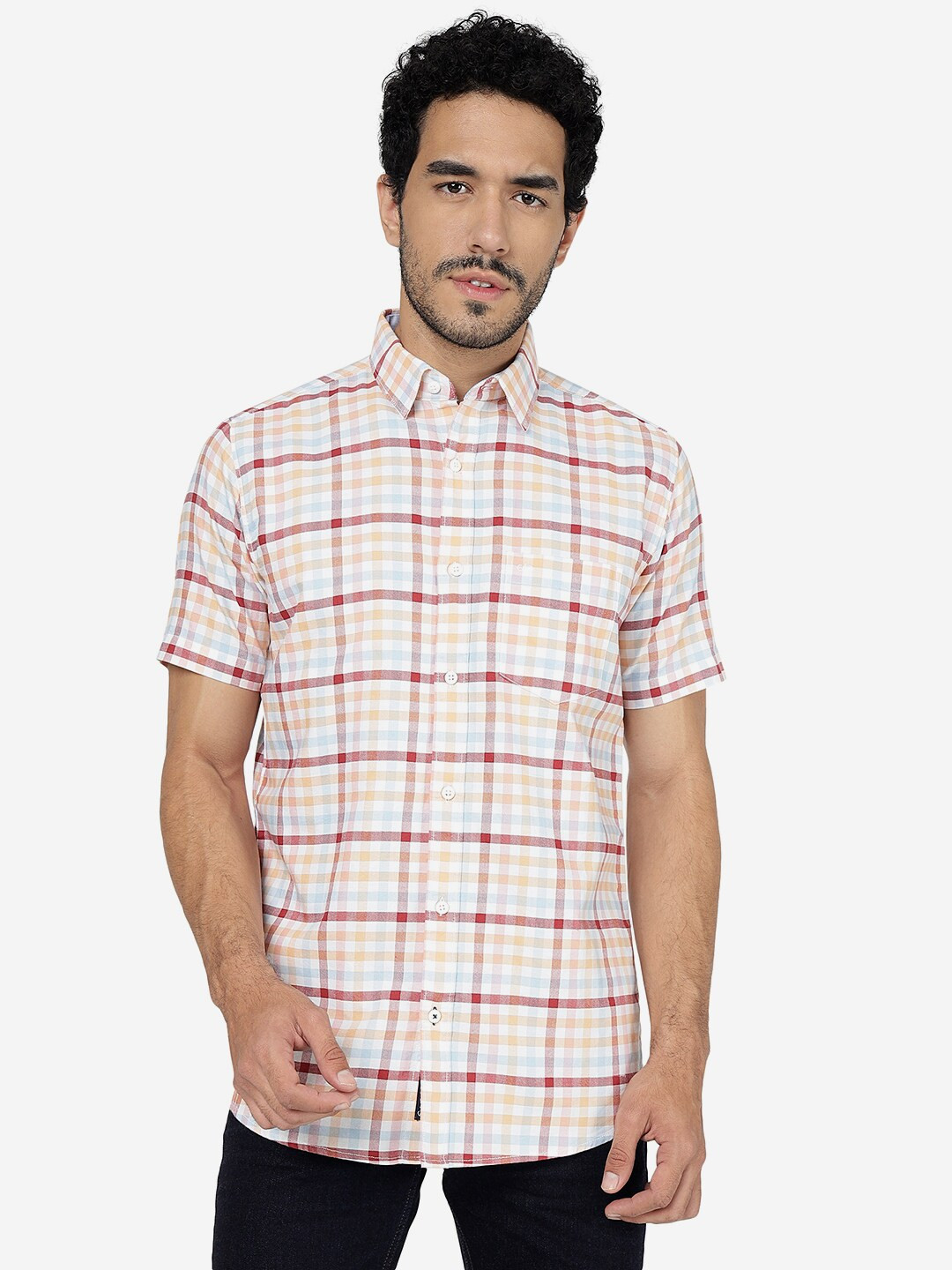 

JADE BLUE Slim Fit Tartan Checked Casual Pure Cotton Shirt, Orange