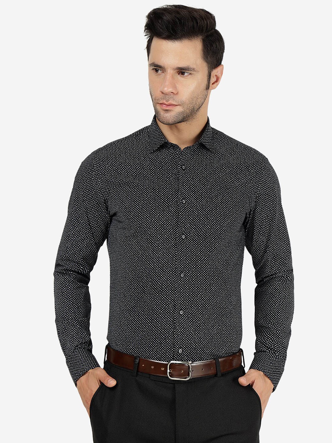 

JB STUDIO Slim Fit Polka Dots Printed Pure Cotton Formal Shirt, Black