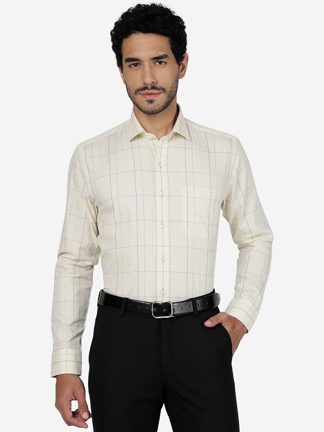 

METAL Slim Fit Windowpane Checks Spread Collar Cotton Formal Shirt, Yellow