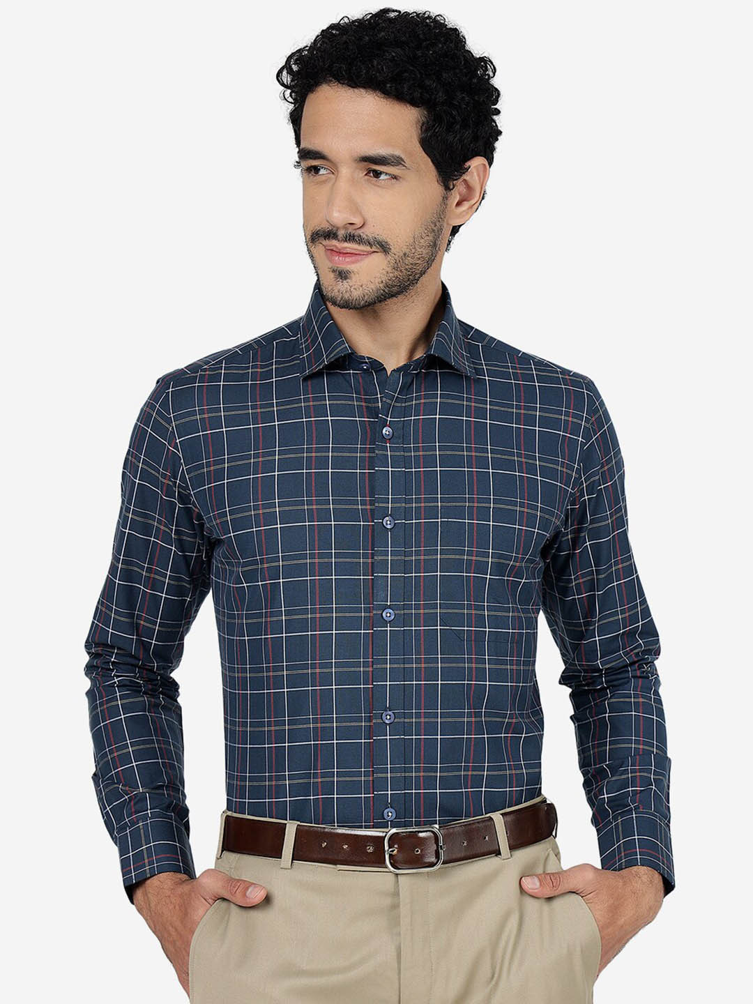 

METAL Checked Pure Cotton Formal Shirt, Navy blue