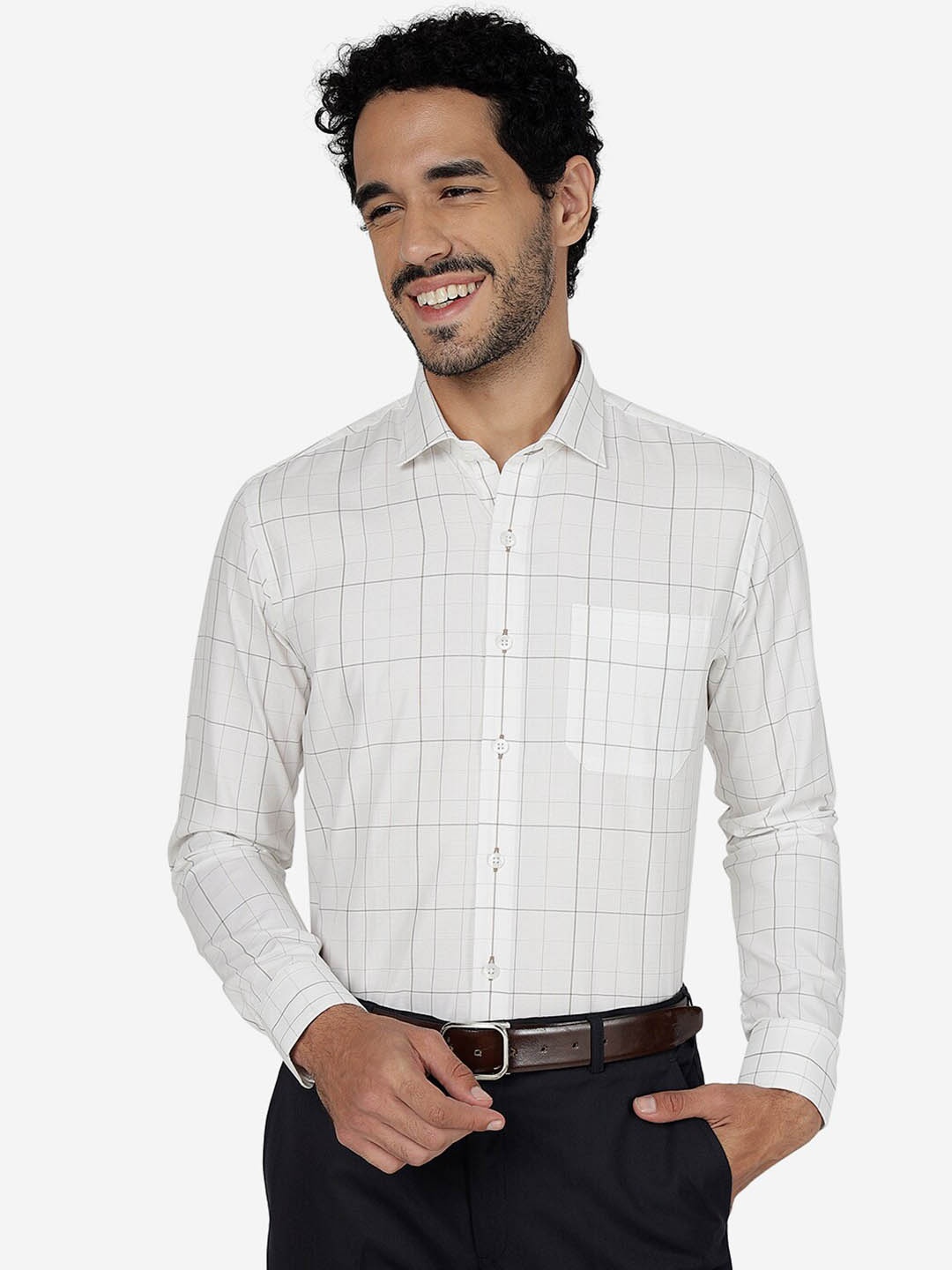 

METAL Slim Fit Checked Pure Cotton Formal Shirt, White