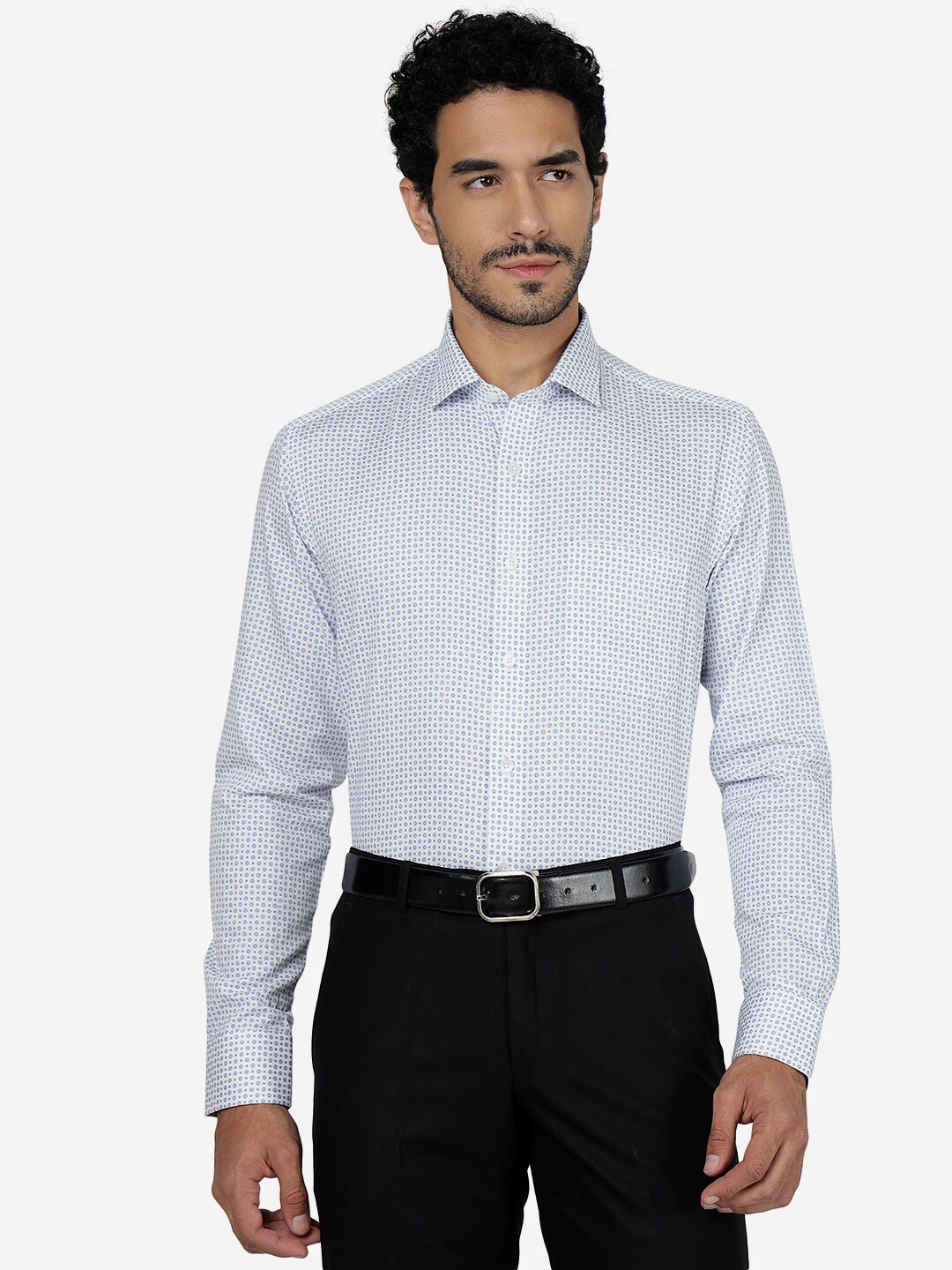 

METAL Slim Fit Micro Ditsy Printed Spread Collar Formal Shirt, White