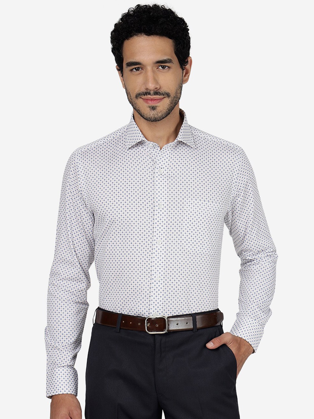 

METAL Slim Fit Micro Ditsy Printed Spread Collar Cotton Formal Shirt, White