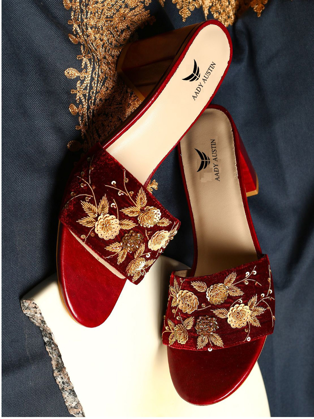 

AADY AUSTIN Embellished Velvet Block Heels, Maroon