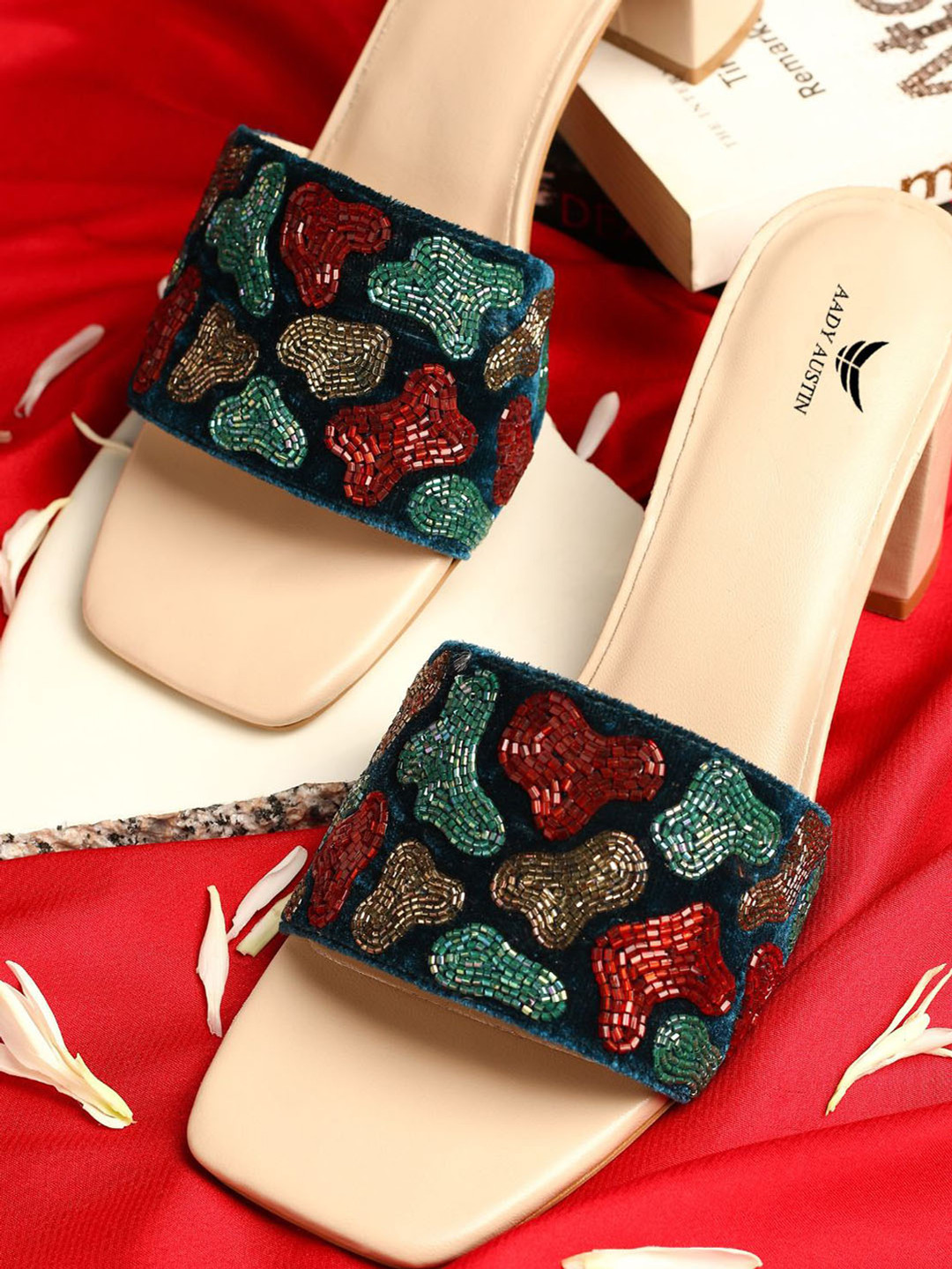 

AADY AUSTIN Open Toe Velvet Embellished Block Heels, Navy blue