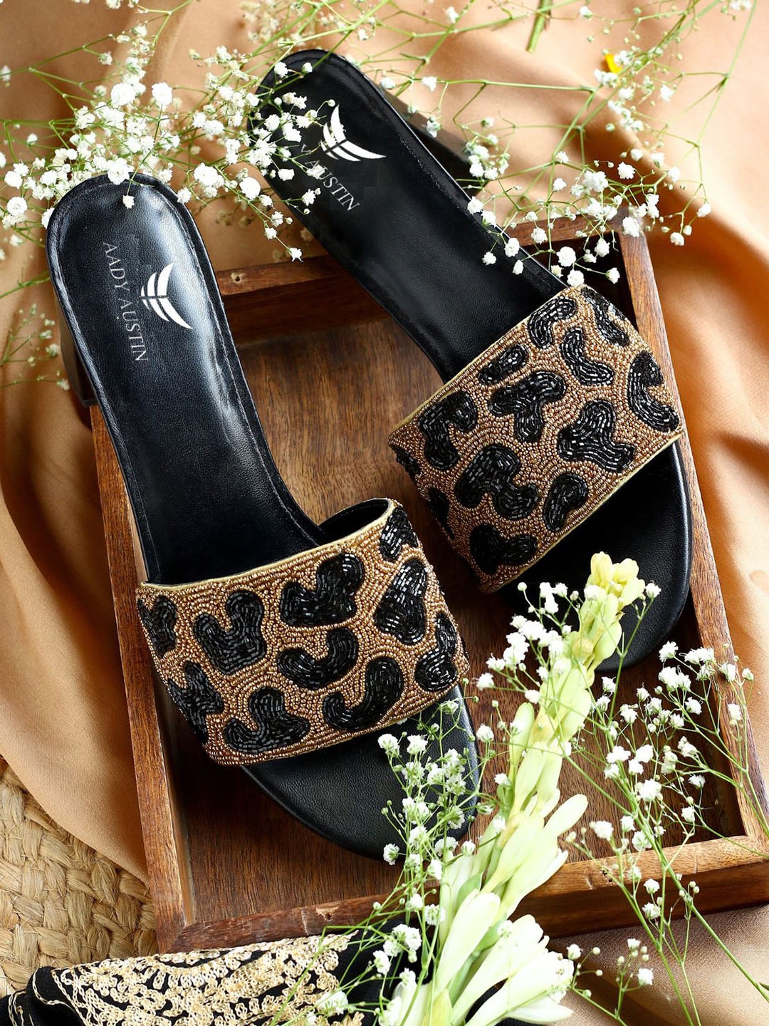 

AADY AUSTIN Embellished Velvet Block Heels, Gold