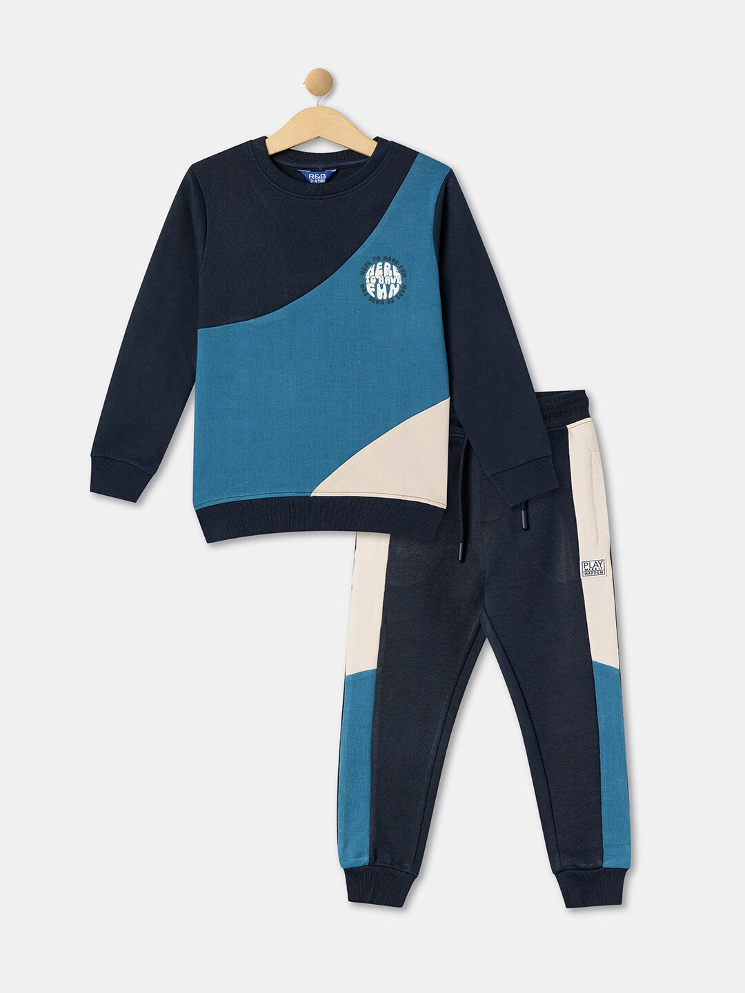 

R&B Boys Colourblocked Pure Cotton T-shirt With Trousers, Black