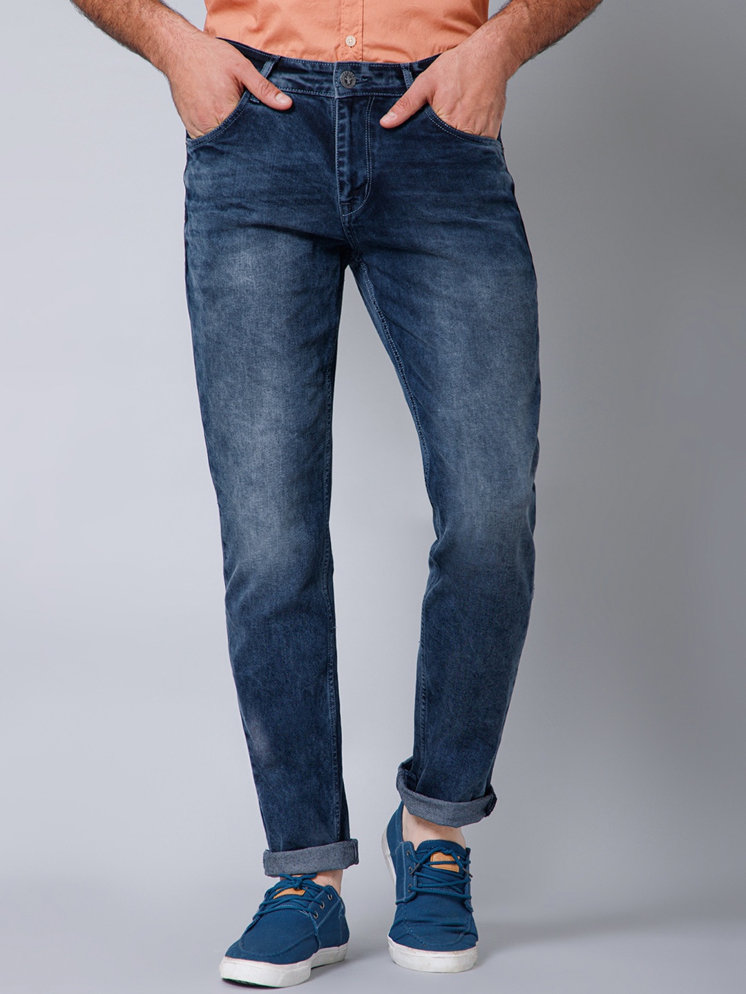 

Cantabil Men Mid-Rise Heavy Fade Clean Look Cotton Jeans, Navy blue