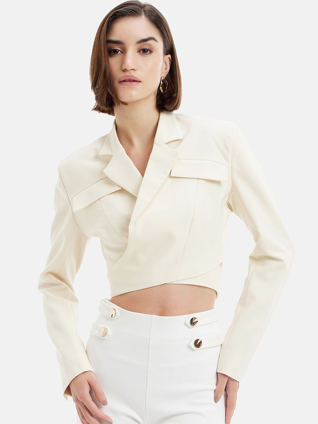 

Kazo Lapel Collar Blazer Style Crop Top, Cream