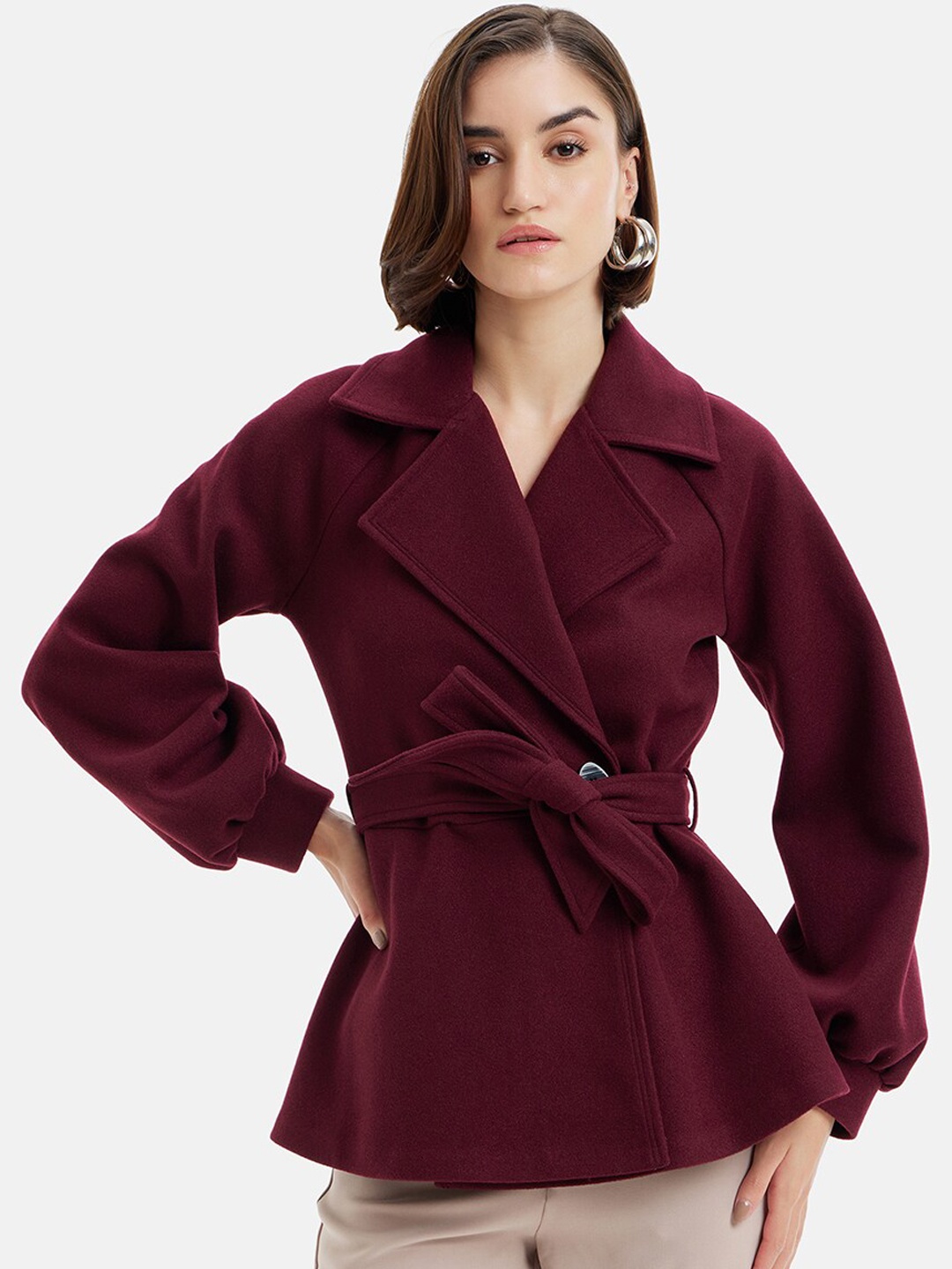

Kazo Notched Lapel Collar Wrap Coat, Maroon