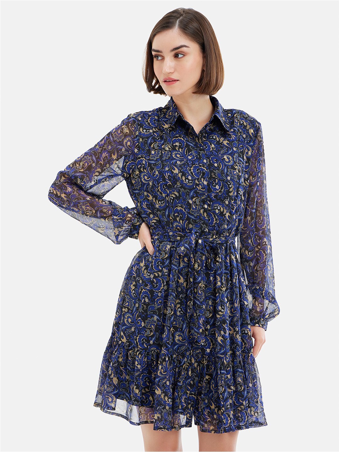 

Kazo Floral Printed Shirt Collar Chiffon Fit & Flare Dress, Blue