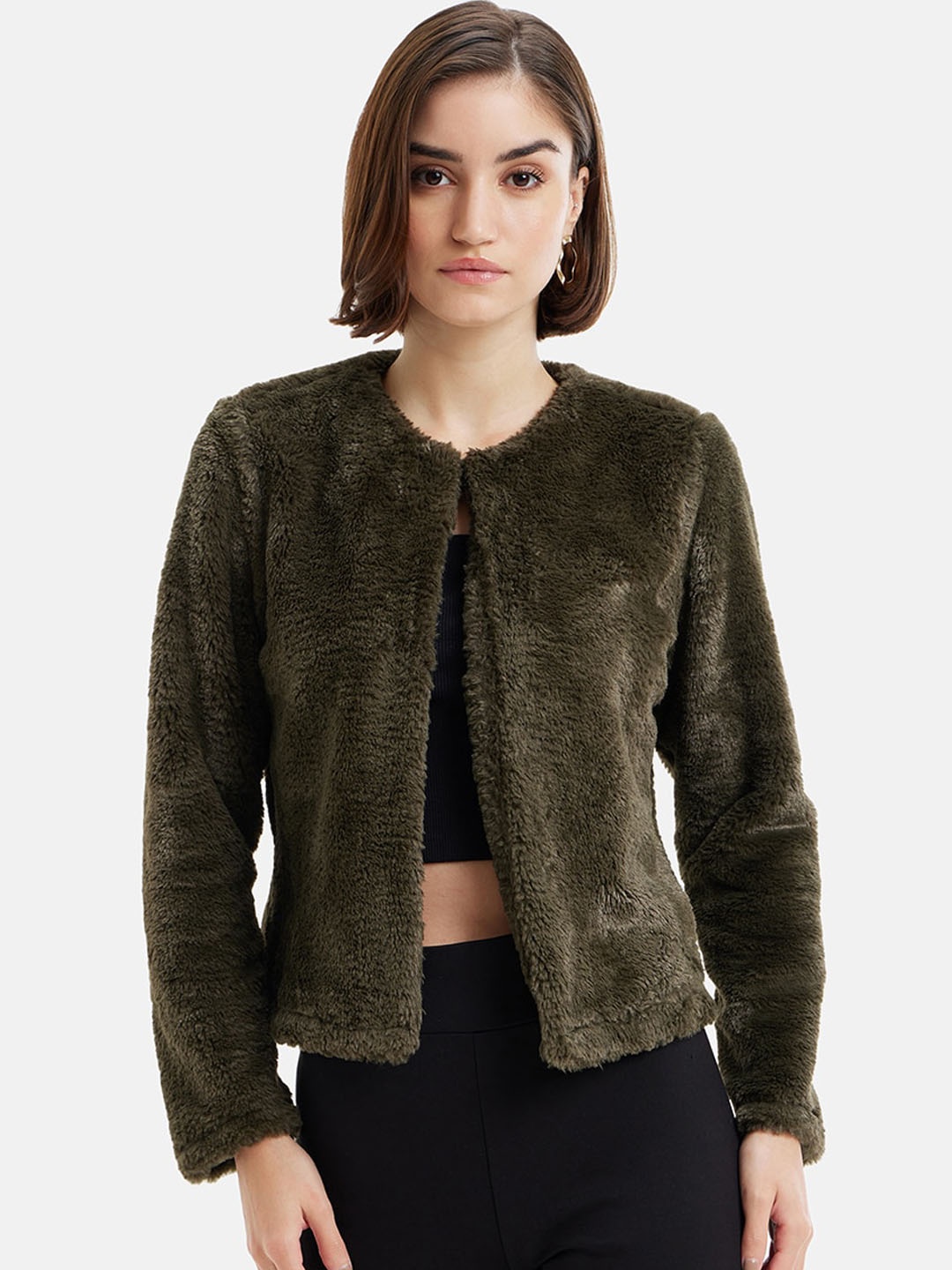 

Kazo Collarless Long Sleeve Faux Fur Trim Crop Outdoor Tailored Jacket, Olive