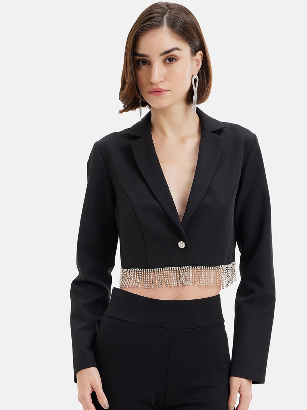 

Kazo Single-Breasted Crop Cotton Casual Blazer With Embellished Detail, Black