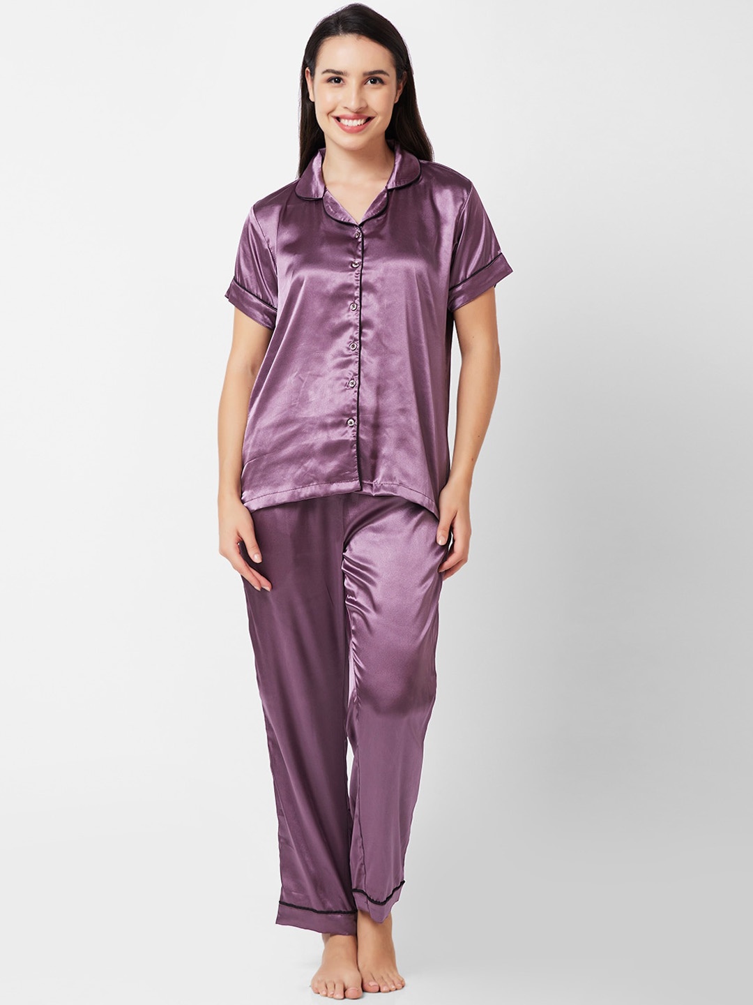 

FashionRack Lapel Collar Satin Shirt & Pyjama, Mauve