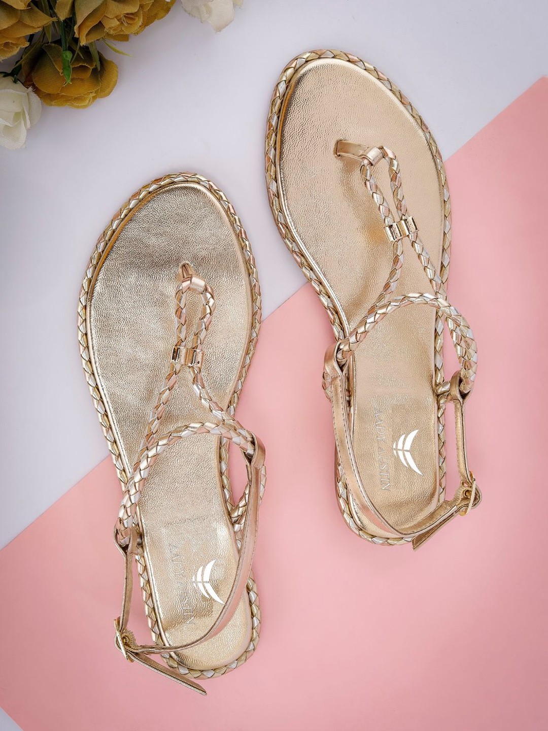 

AADY AUSTIN Braided Open Toe Flats With Buckle Detail, Gold