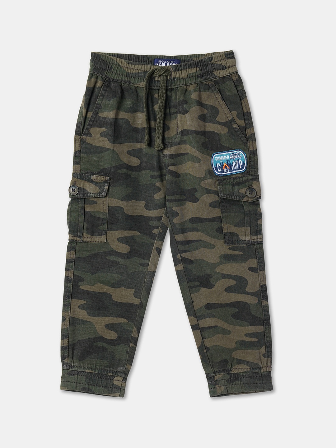 

R&B Boys Camouflage Printed Cotton Cargo Joggers, Green