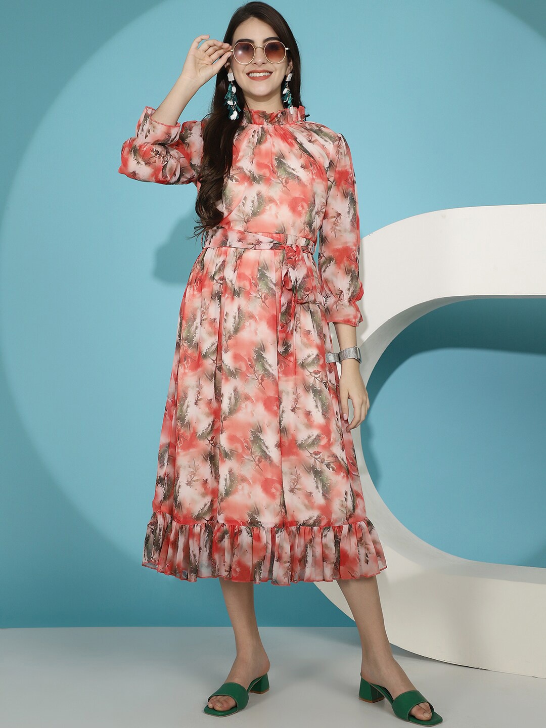 

Claura Floral Printed High Neck Midi Dress, Red
