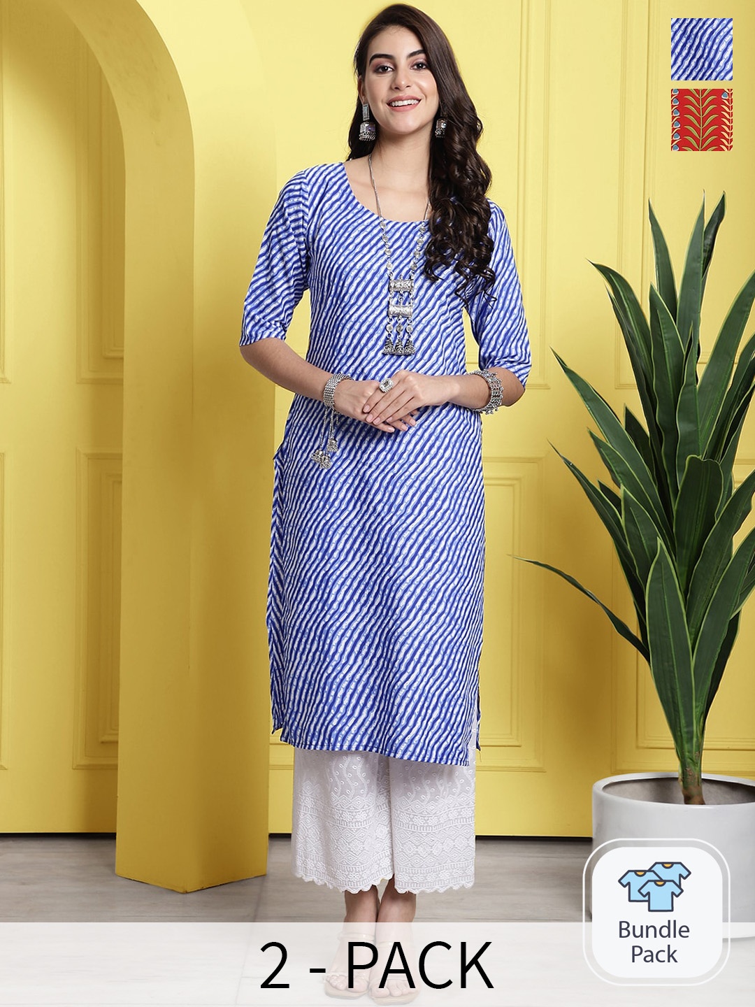 

7Threads Selection Of 2 Ethnic Motif Printed Crepe Kurtas, Blue