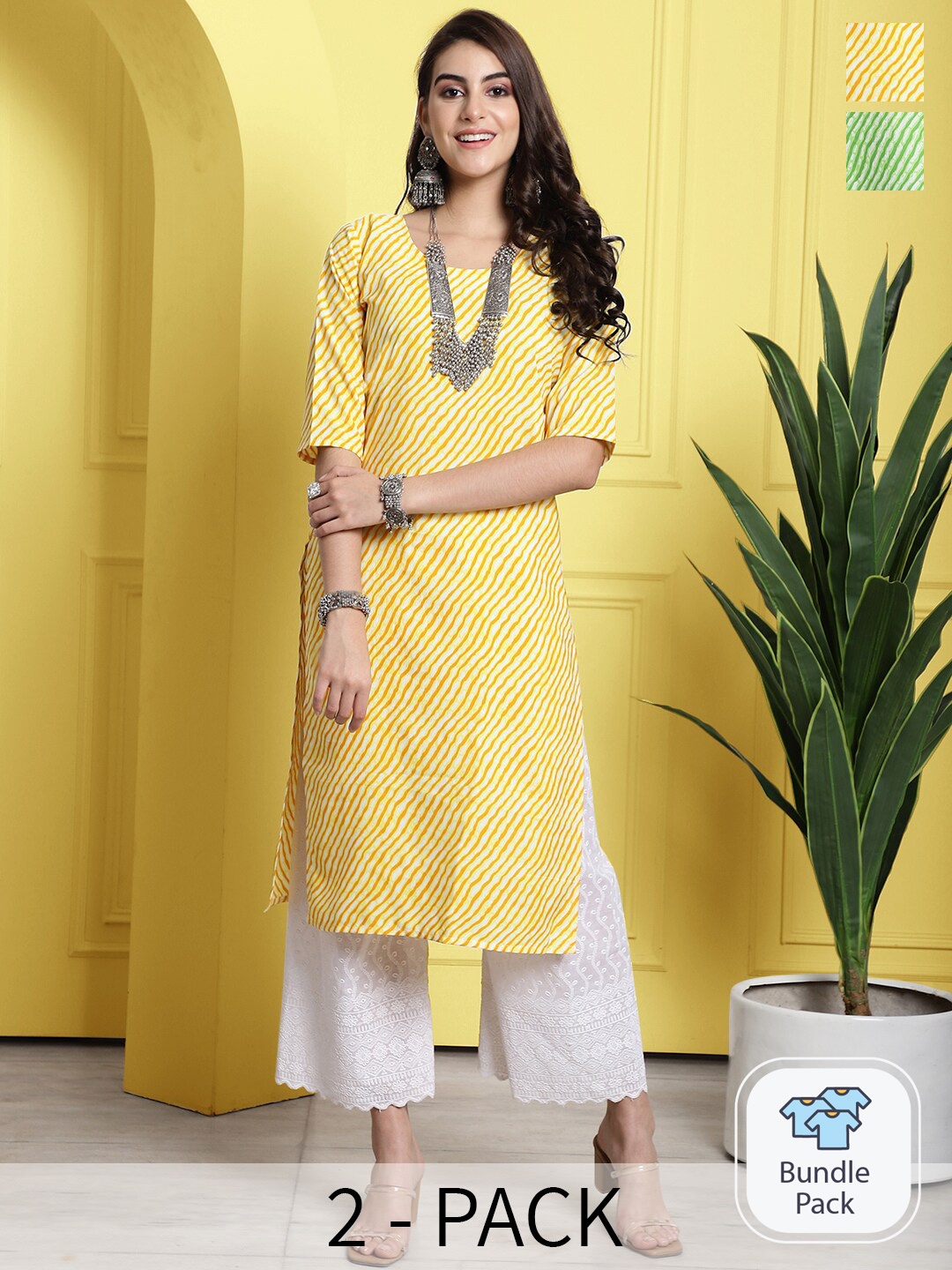 

7Threads Selection Of 2 Leheriya Printed Kurta, Yellow