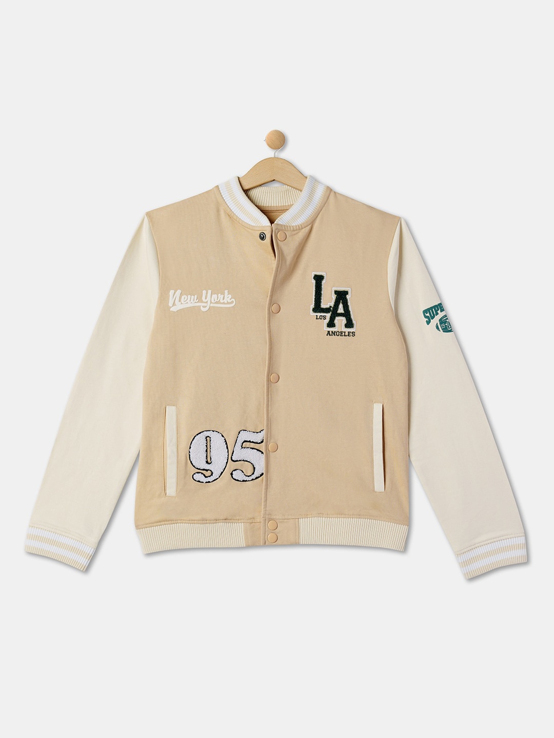 

R&B Boys Typography Printed Mock Collar Mock Collar Cotton Bomber Jacket, Beige