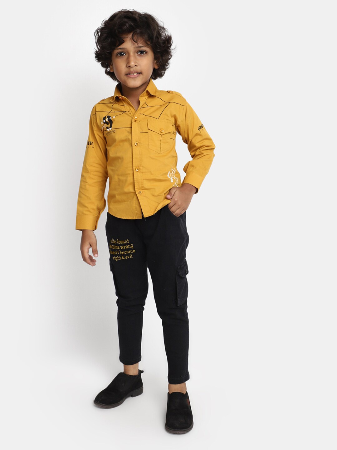 

V-Mart Boys Printed Shirt With Trousers, Mustard