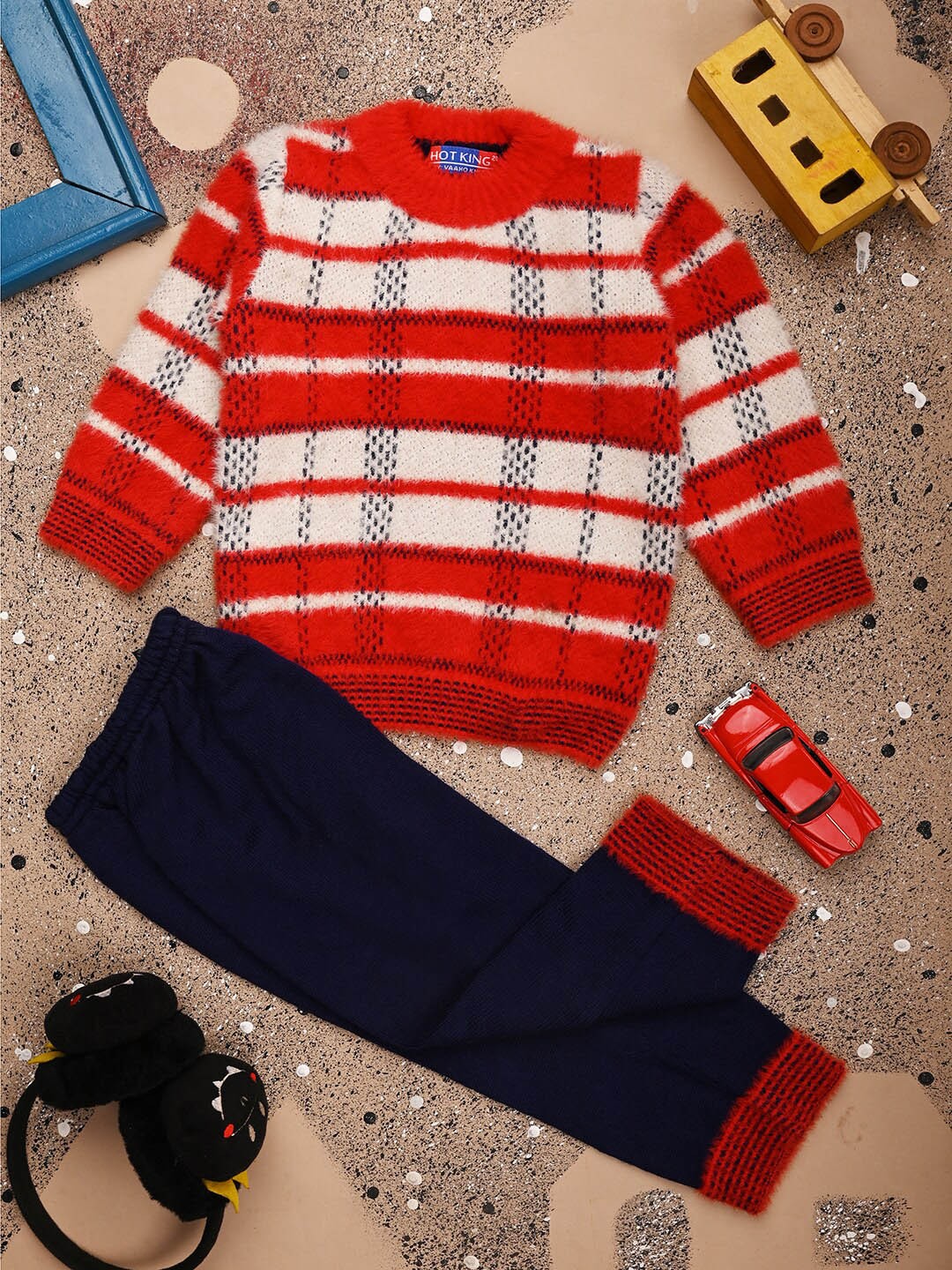 

V-Mart Boys Checked Pure Wool T-Shirt With Trouser, Red