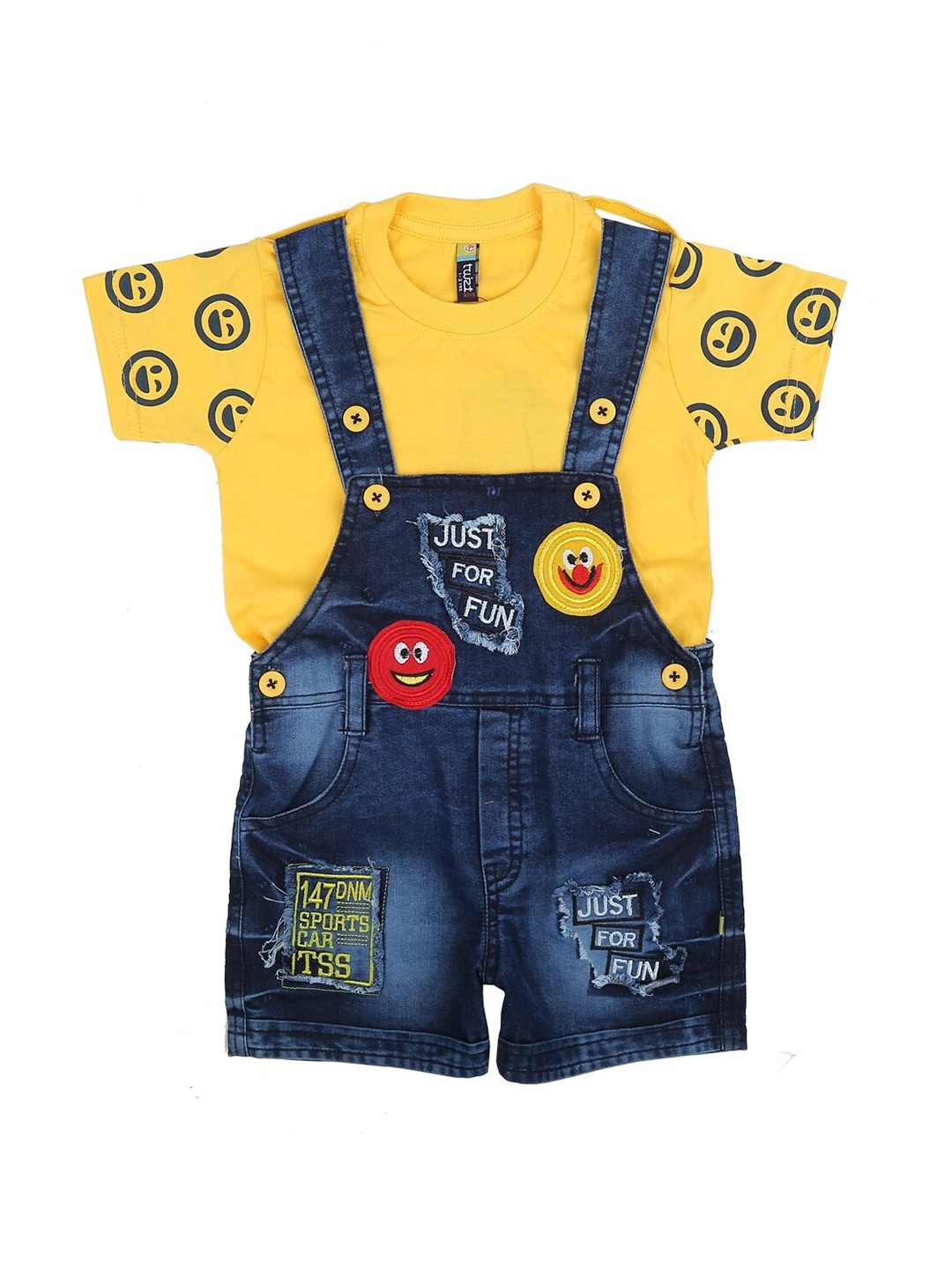 

V-Mart Boys Typography Embroidered Cotton Dungaree With T-Shirt, Yellow
