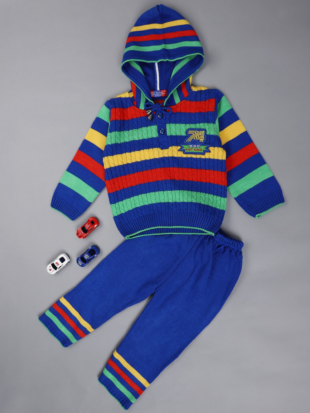 

V-Mart Boys Striped Hooded Acrylic Sweater With Pyjamas, Blue