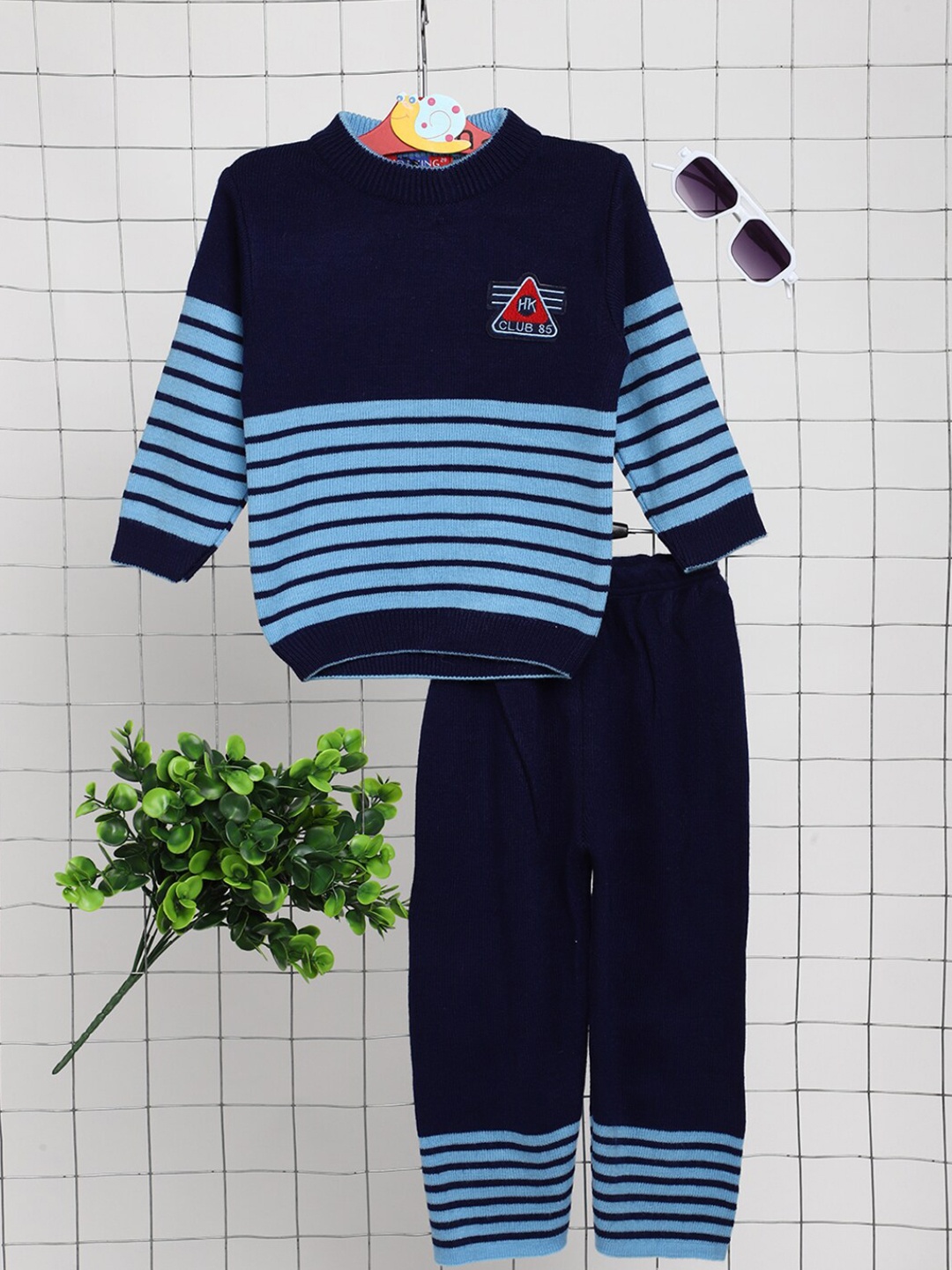 

V-Mart Kids Striped Pure Wool T-shirt with Pyjamas, Navy blue