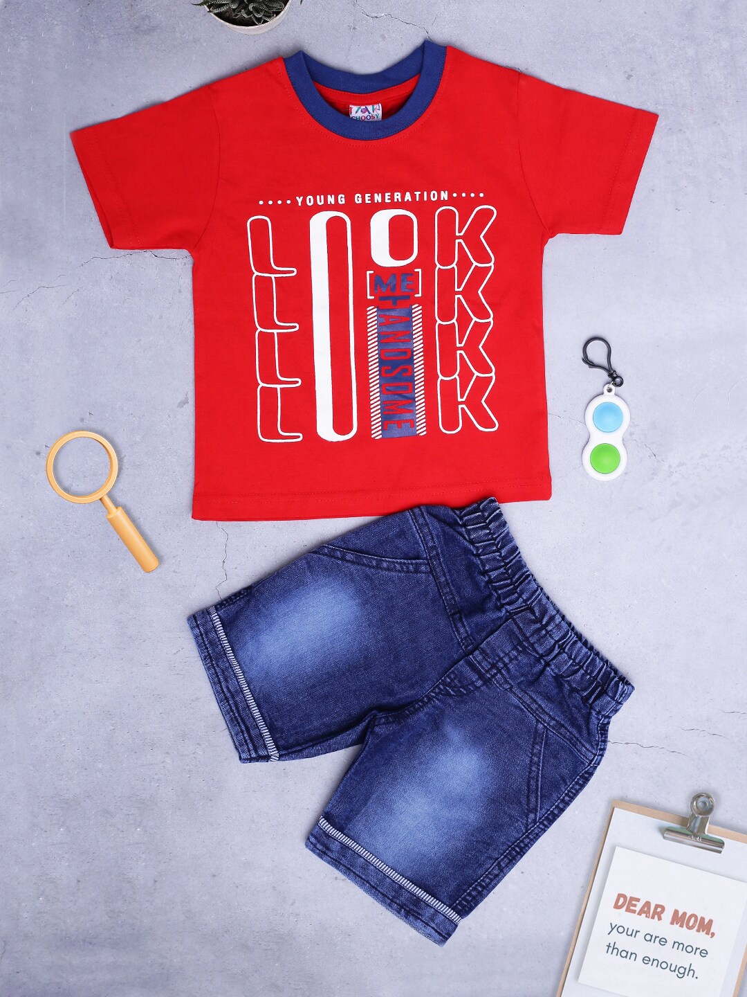 

V-Mart Boys Typography Printed Short Sleeves T-shirt With Denim Shorts, Red