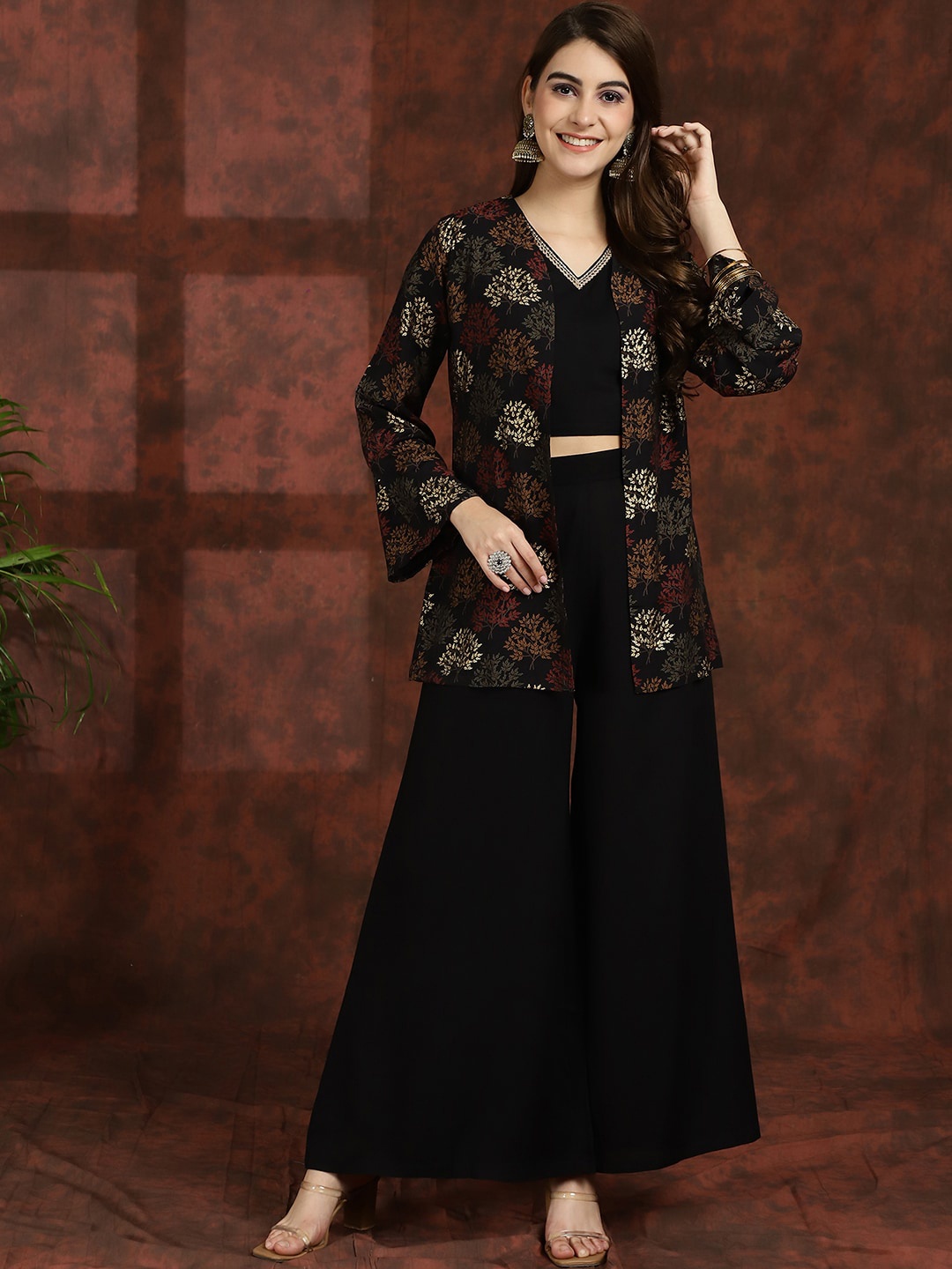 

Claura Black V-Neck Ethnic Top with Palazzo & Jacket