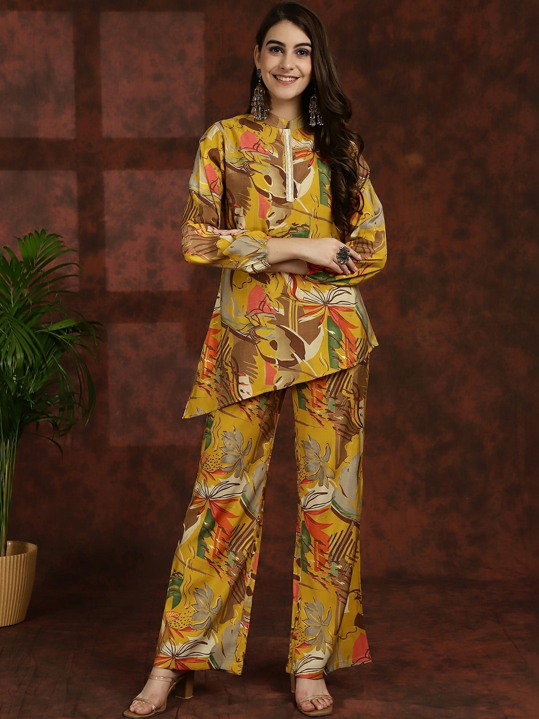 

Claura Yellow Abstract Printed Mandarin Collar Tunic With Flared Palazzos