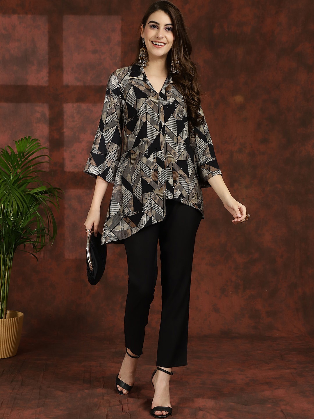 

Claura Black Printed Shirt Collar Ethnic Co-ords