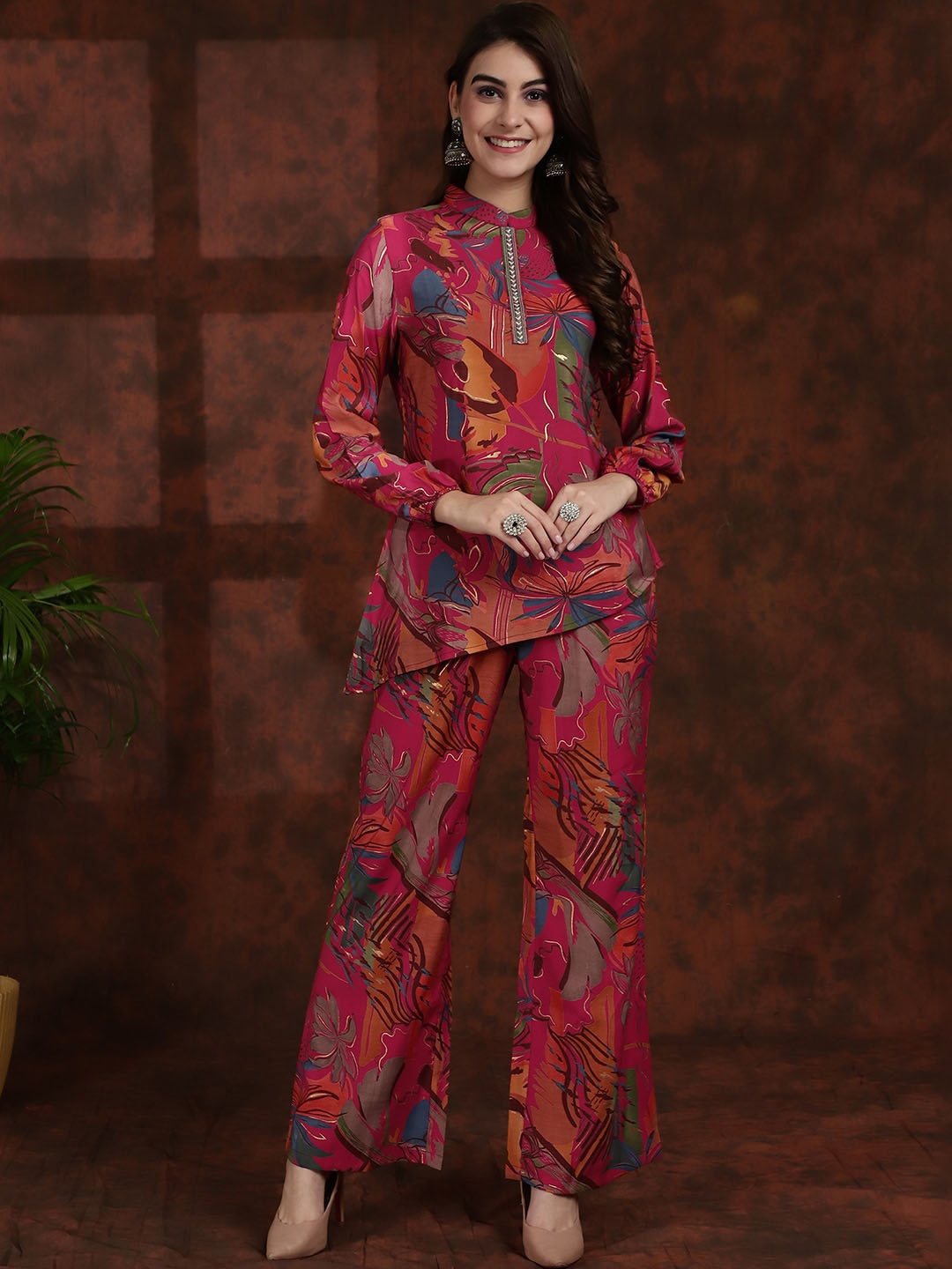 

Claura Magenta Pink Floral Printed Mandarin Collar Tunic With Flared Palazzos