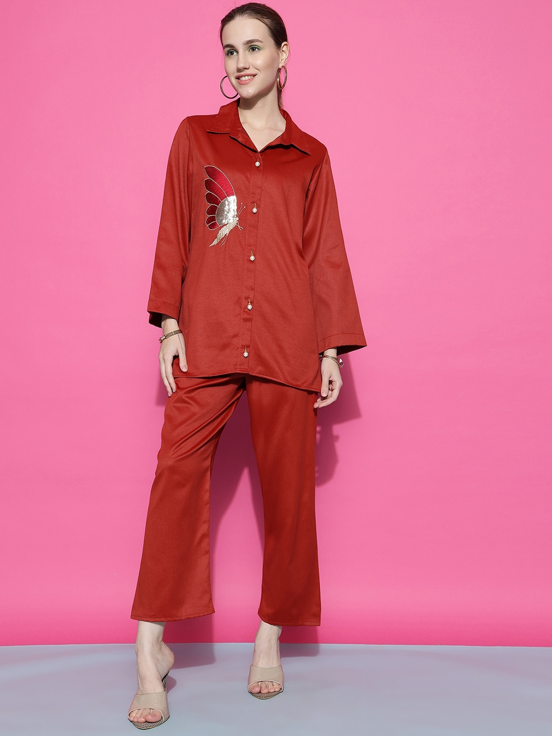 

Ziva Fashion Sequinned Embellished Satin Shirt With Trousers, Red