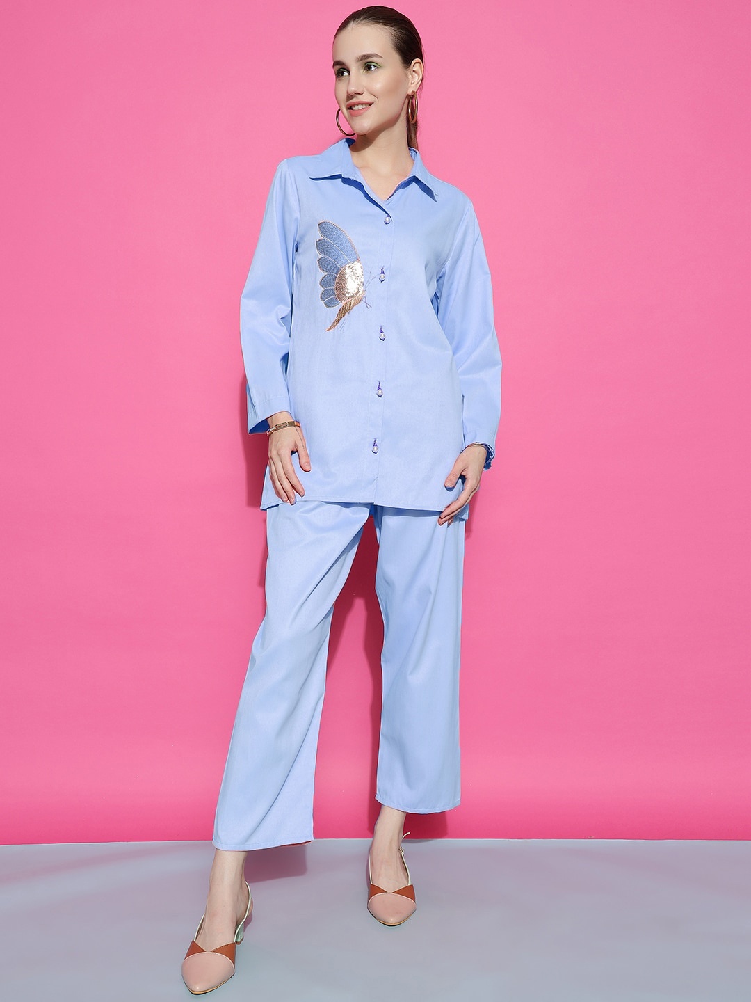 

Ziva Fashion Sequinned Embellished Satin Shirt With Trousers, Blue