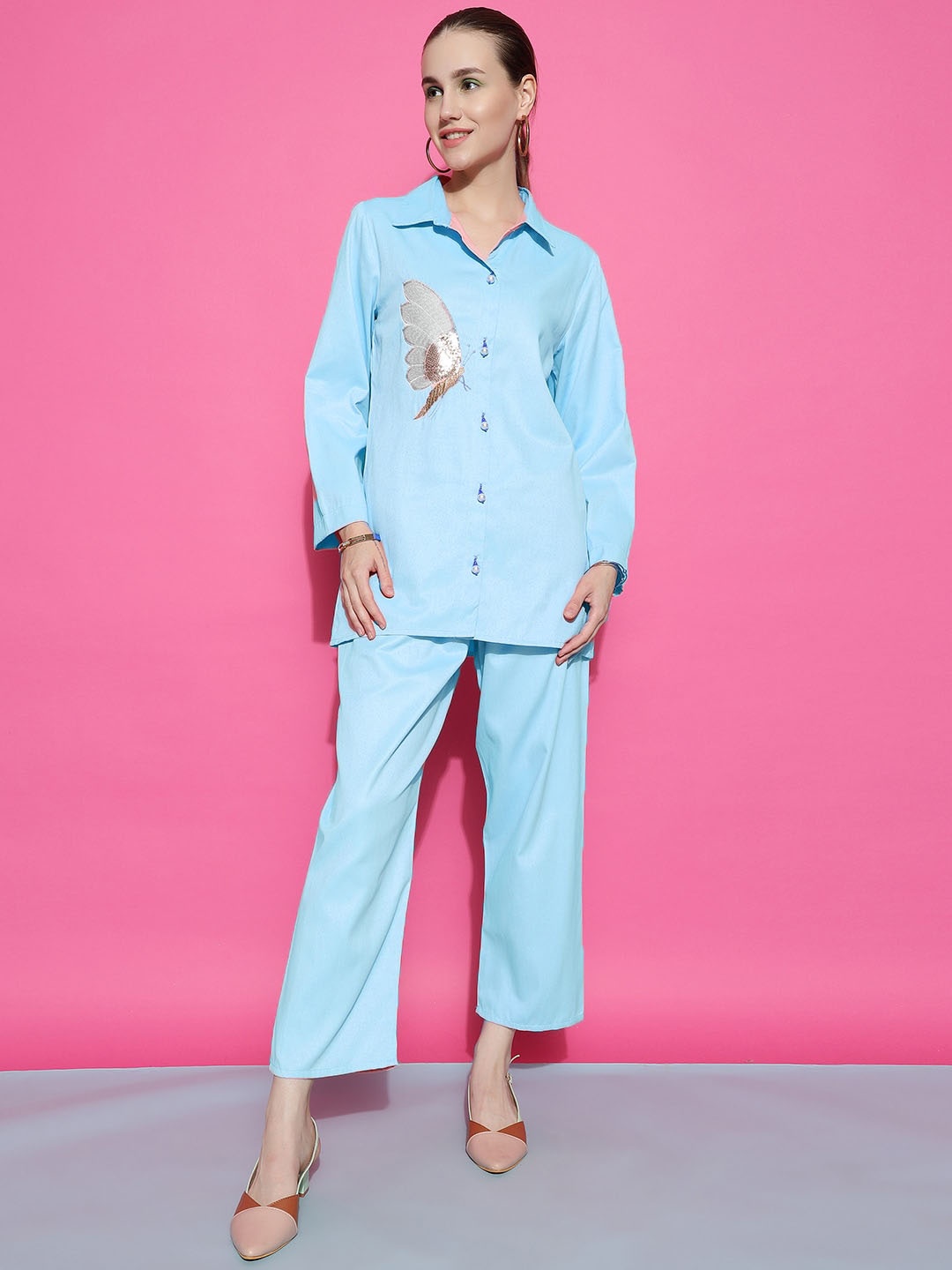

Ziva Fashion Sequinned Embellished Satin Shirt With Trousers, Sea green