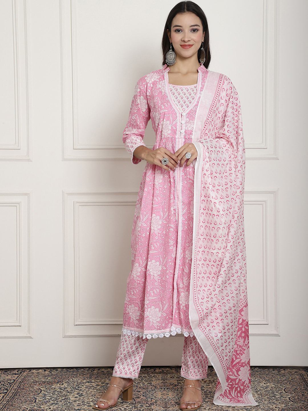 

Sangria Floral Printed Pure Cotton A-Line Kurta With Trousers & Dupatta, Pink