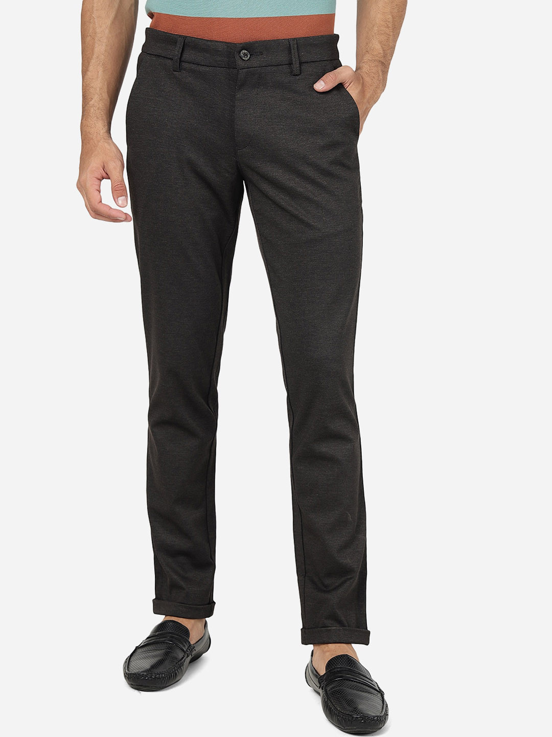

JADE BLUE Men Textured Self Design Pure Cotton Casual Trouser, Brown