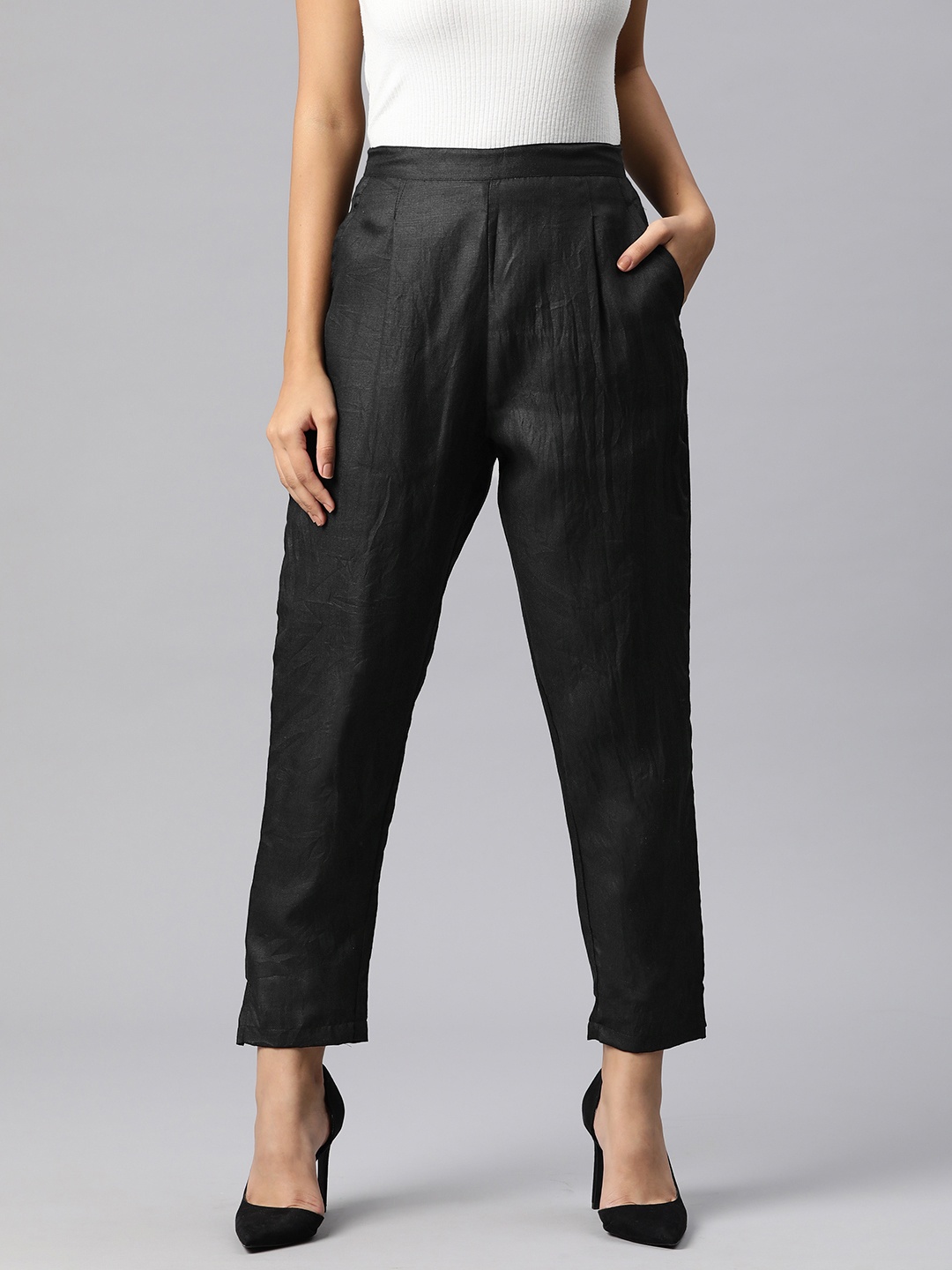 

Readiprint Straight Fit High-Rise Pleated Trousers, Black