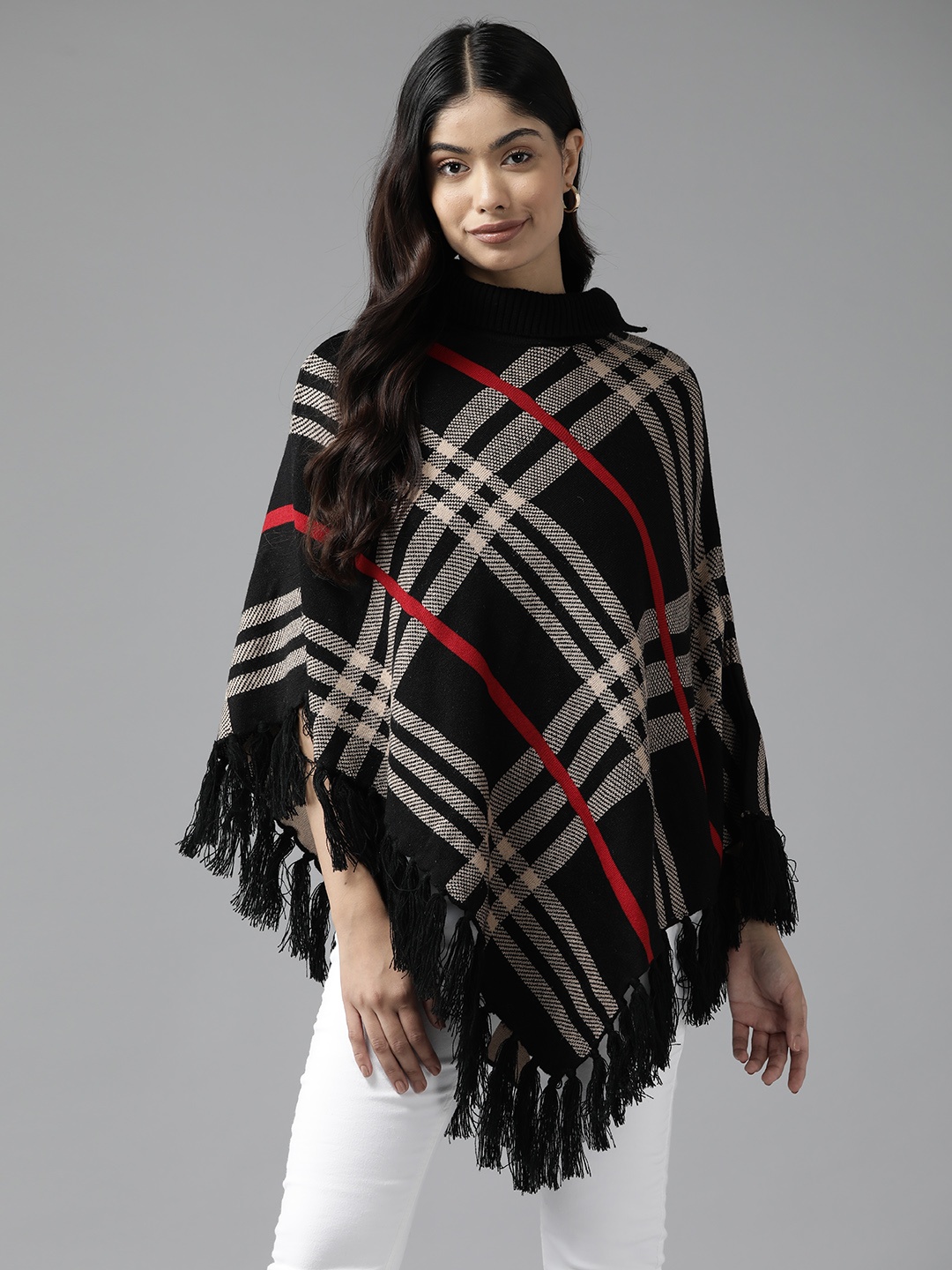 

Cayman Women Checked Woollen Poncho, Black
