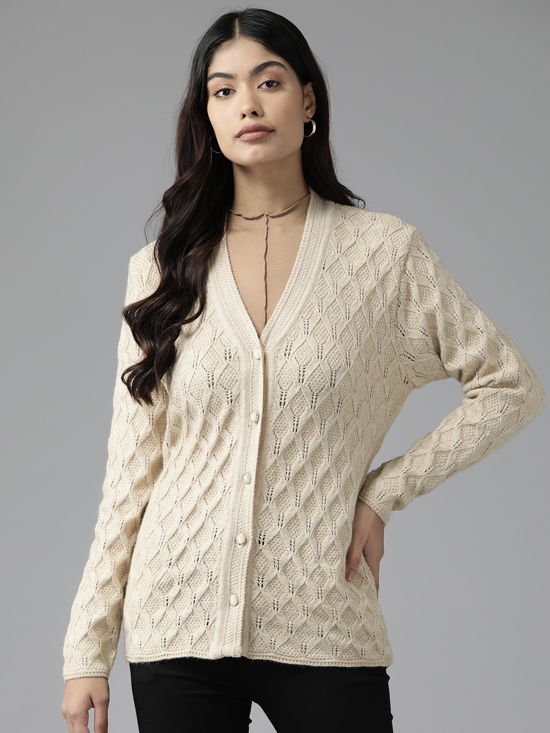 

Cayman Women Cable Knit Woollen Cardigan, Beige